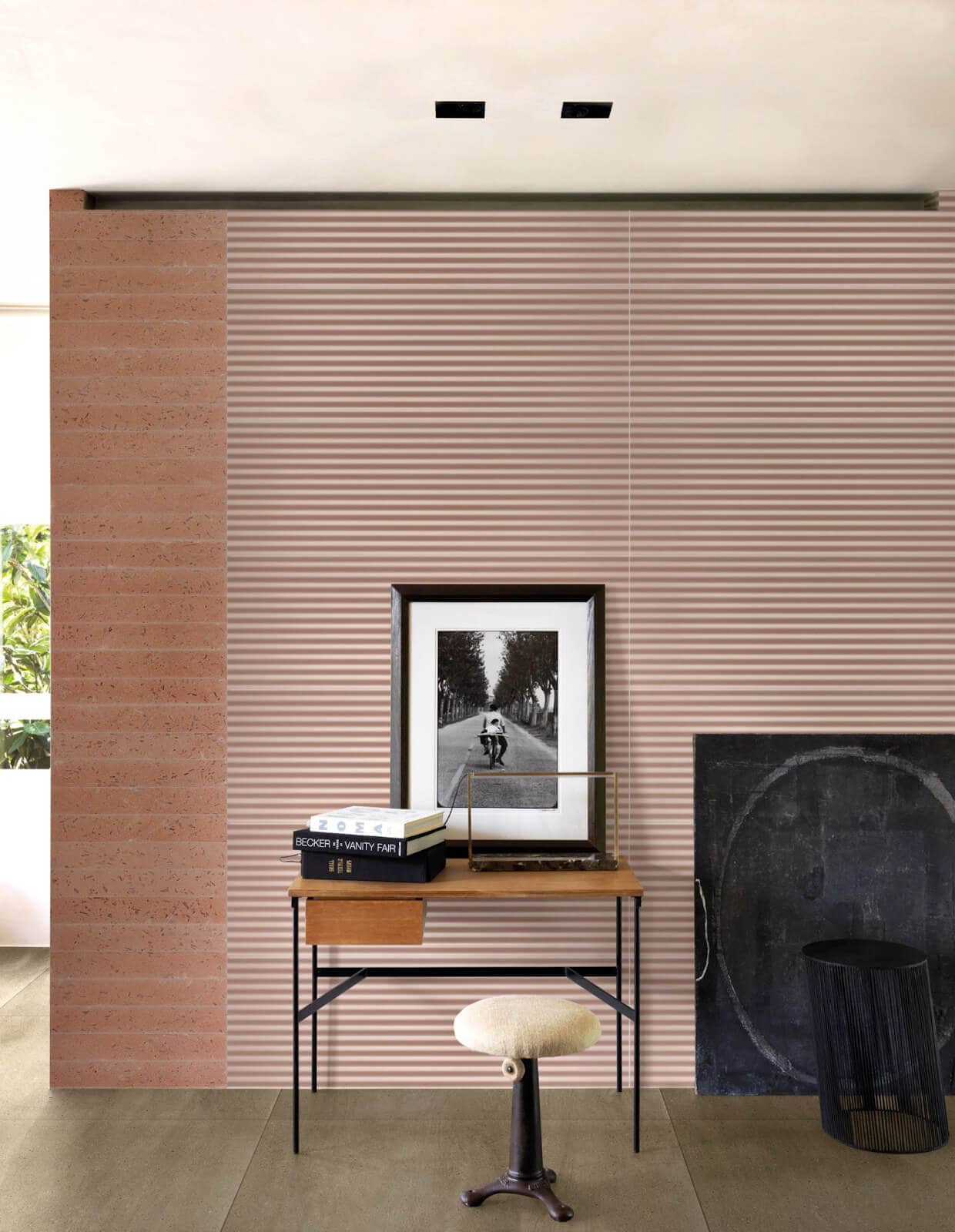 Blush tile features subtle ribbons/slats for living room

