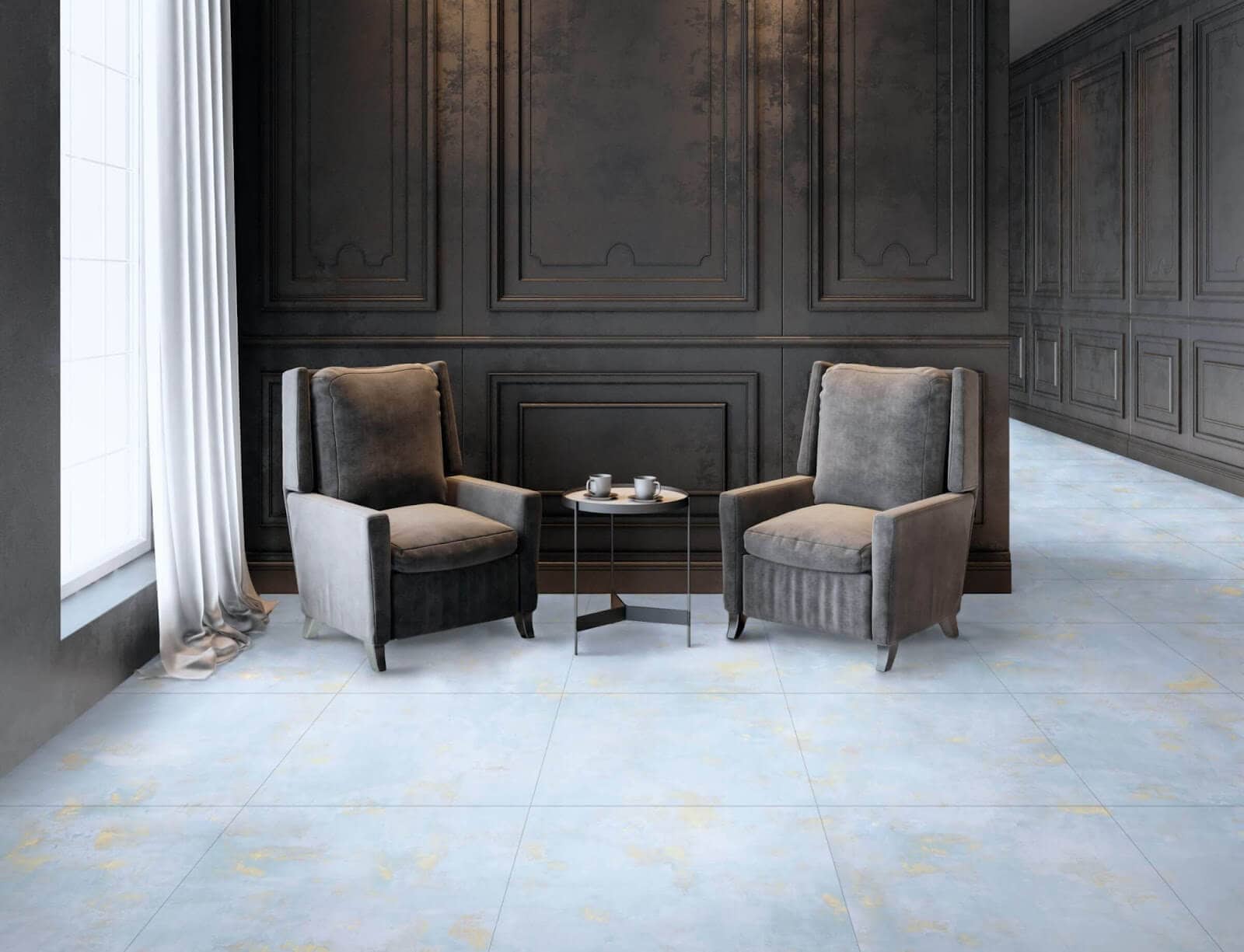 Ceramic tile marble-look flooring for hotel room