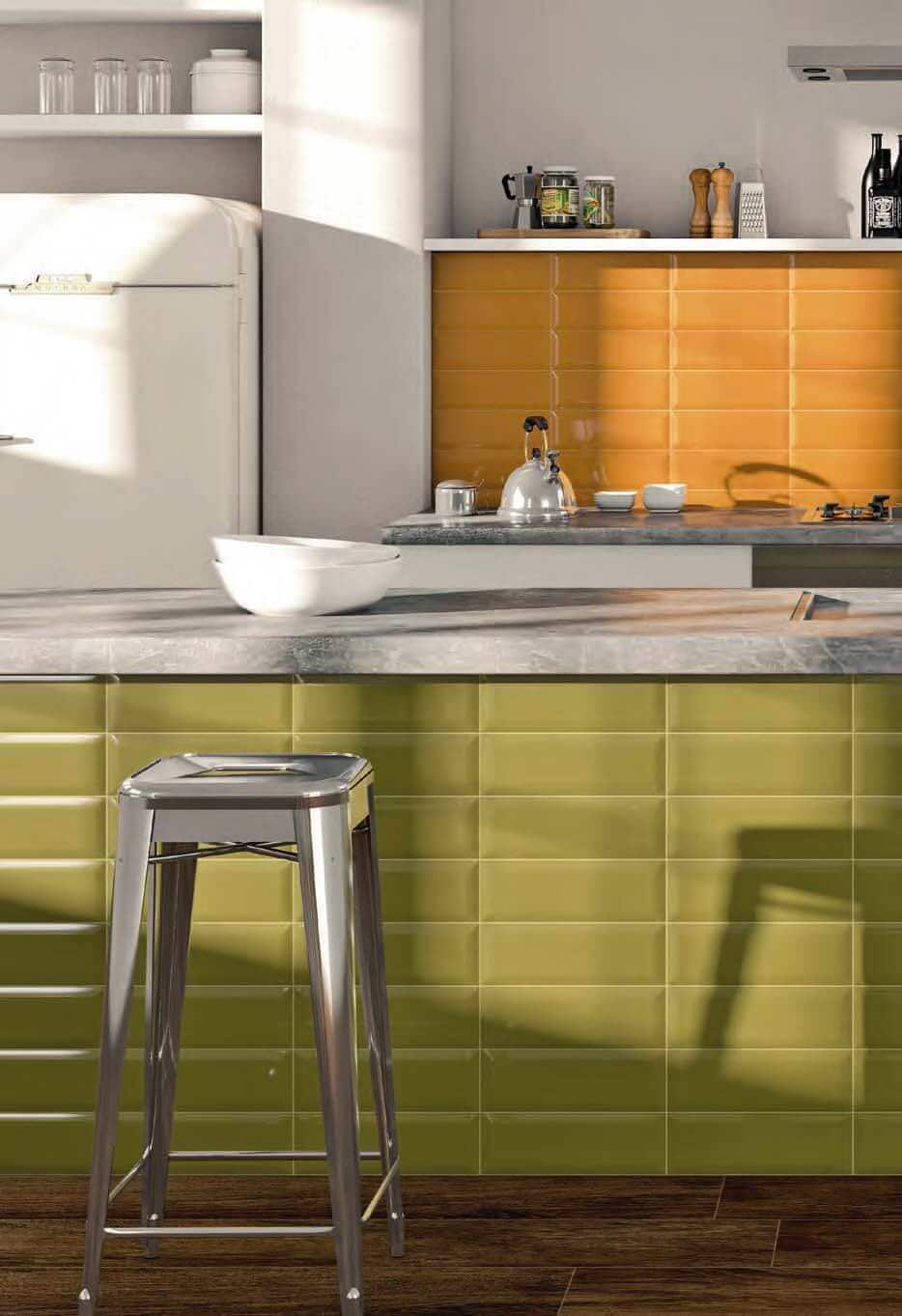 Colorful kitchen with subway tile island