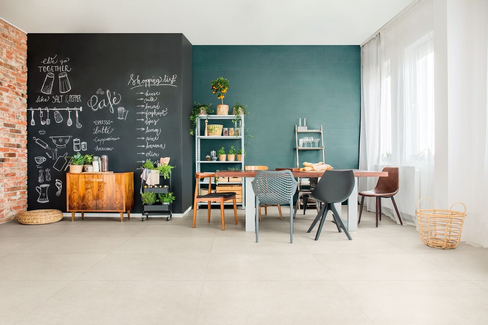 Café wall with teal aquamarine shade tile and combining earth tones