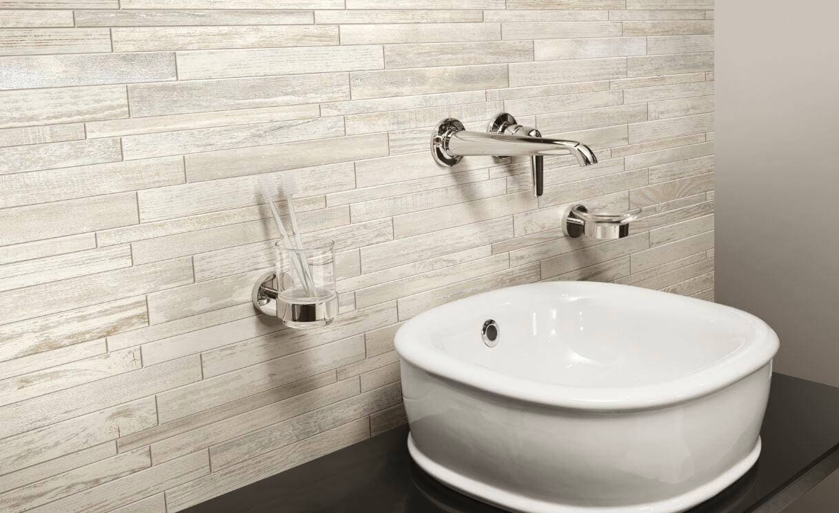 Bathroom sink with Mosaic tile planks in a creamy wood look