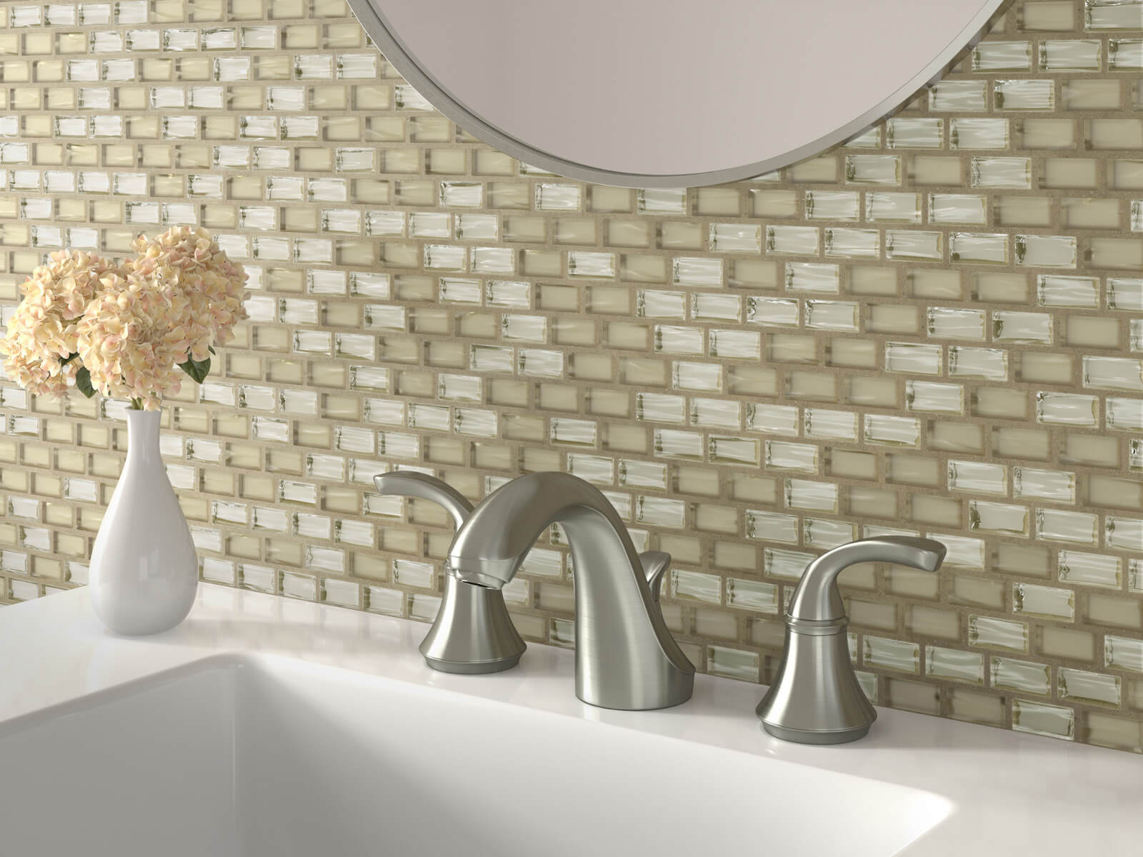 Golden-hued mosaic glass tile bathroom backsplash in a subway tile layout