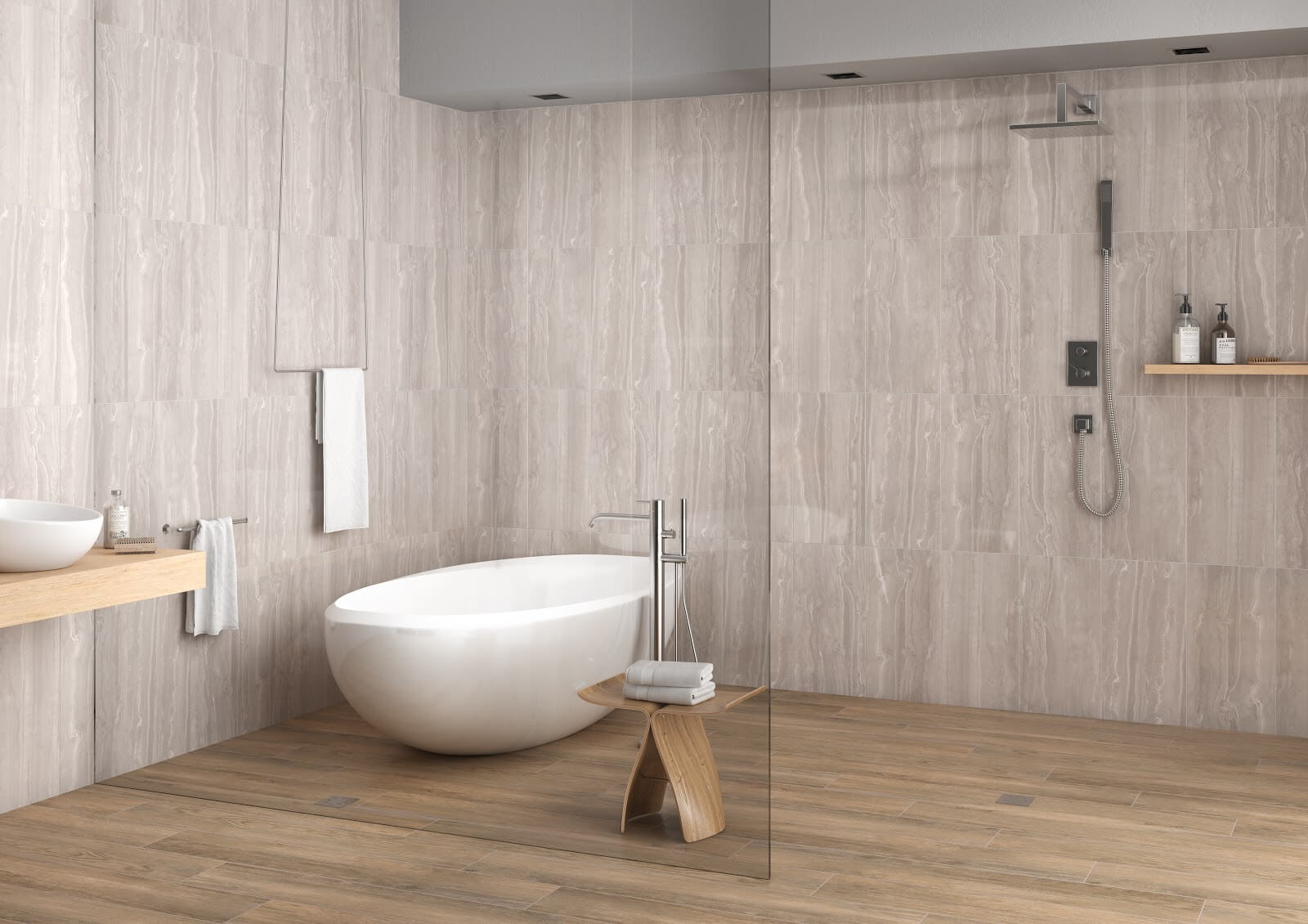 bathroom with silver ceramic tile and a universal and minimalist design