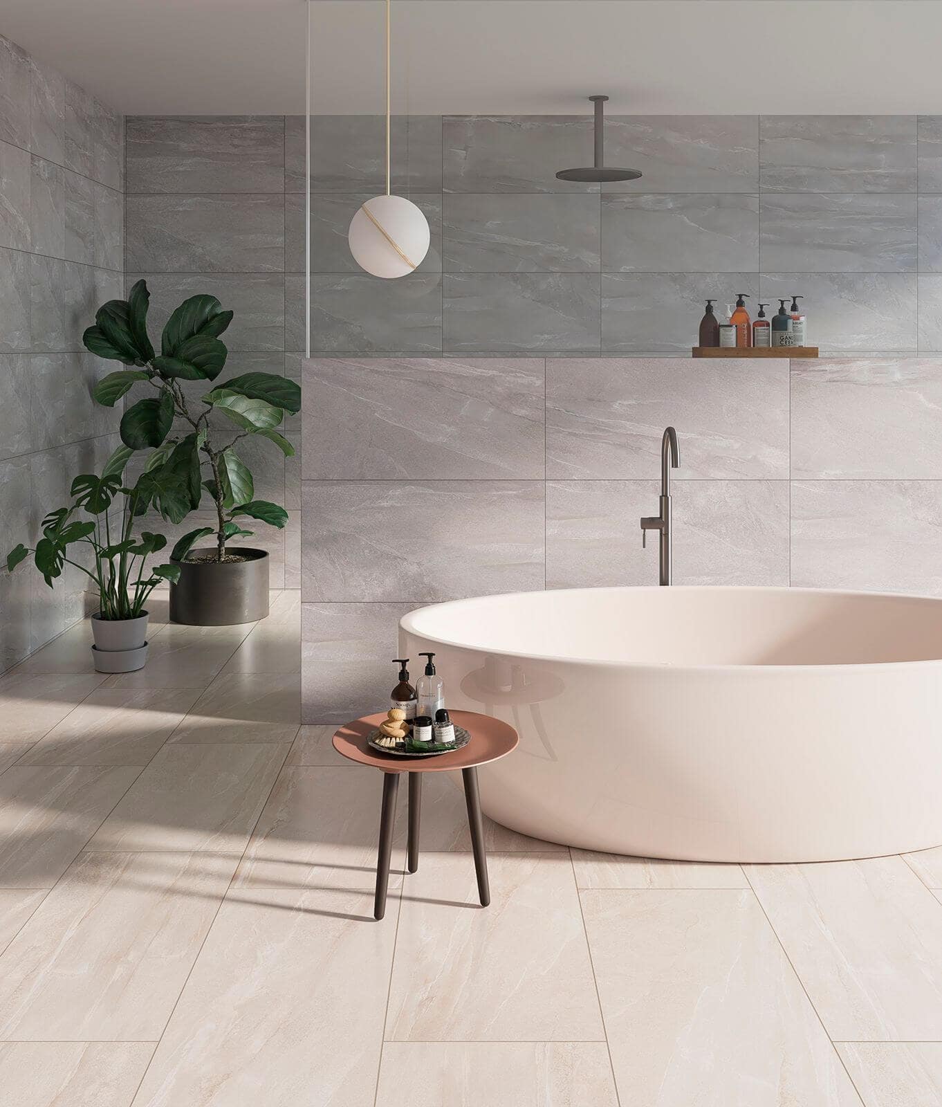bathroom with caramel swirl stone-look tile
