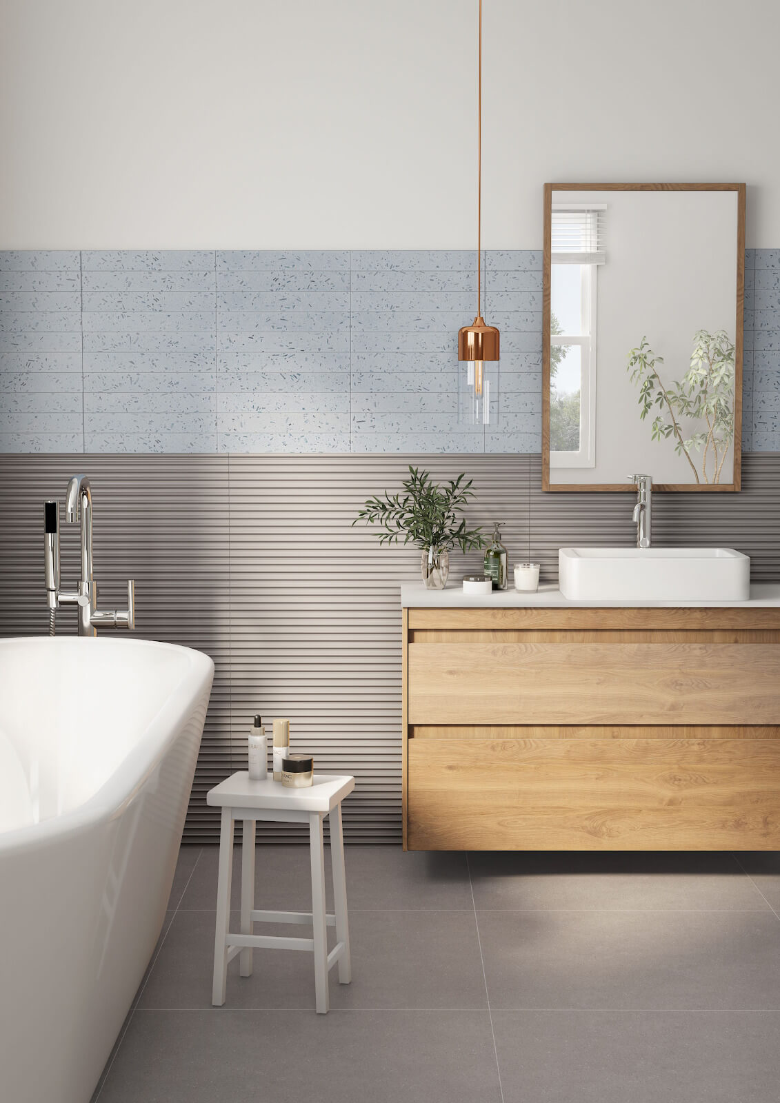 Bathroom wall with baby blue subway tile