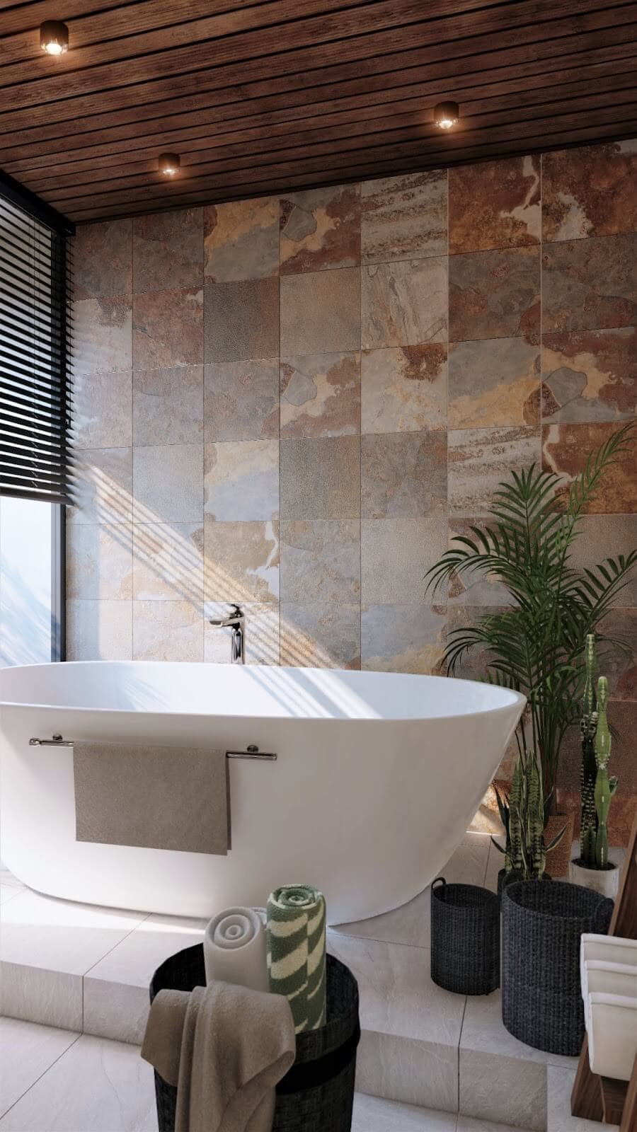 bath view with warm slate-look tile