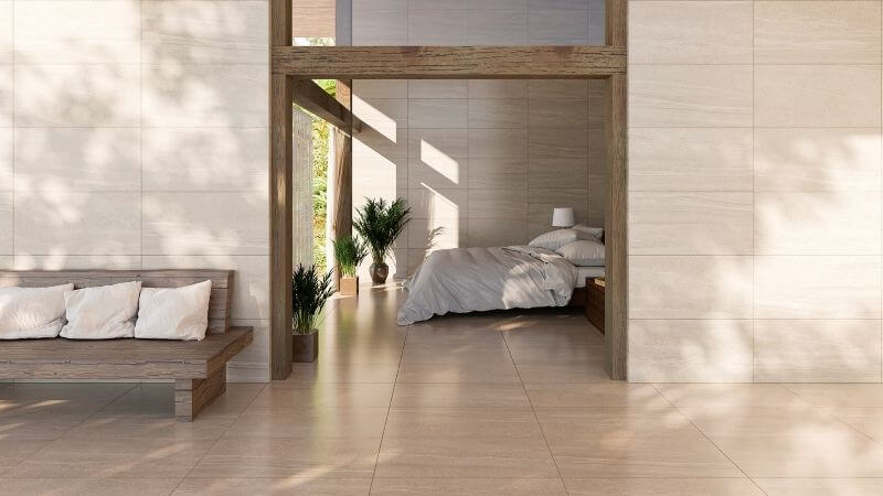 modern bedroom "washed in sunlight" look with beige tile