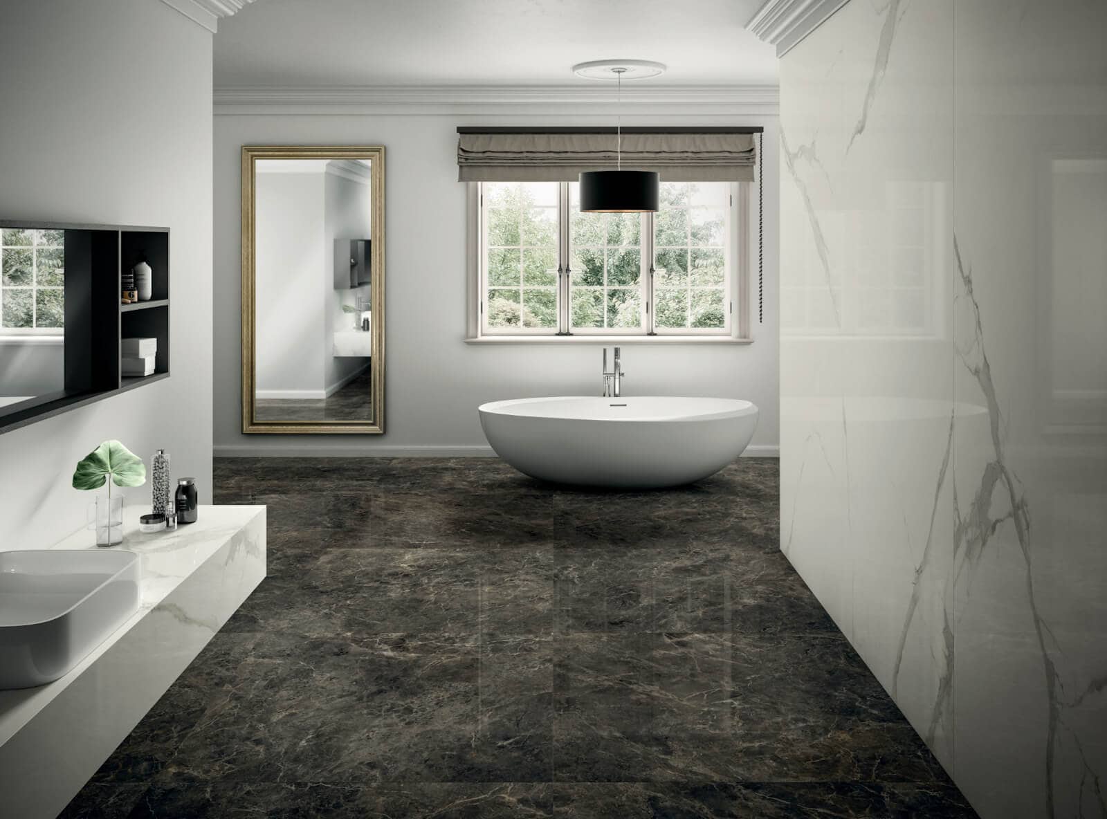 Stone-look square gauged porcelain tile bathroom flooring