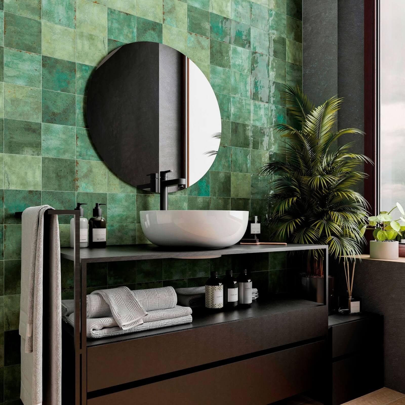 biophilic bathroom design for modern farmhouse with earth tones and green wall tile