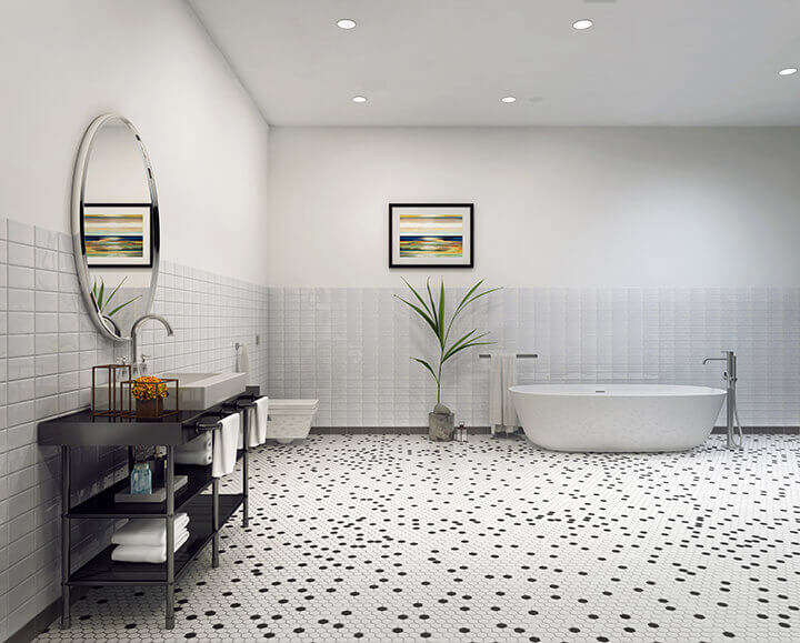 Bathroom with white hexagon mosaic tile flooring interspersed with black tiles