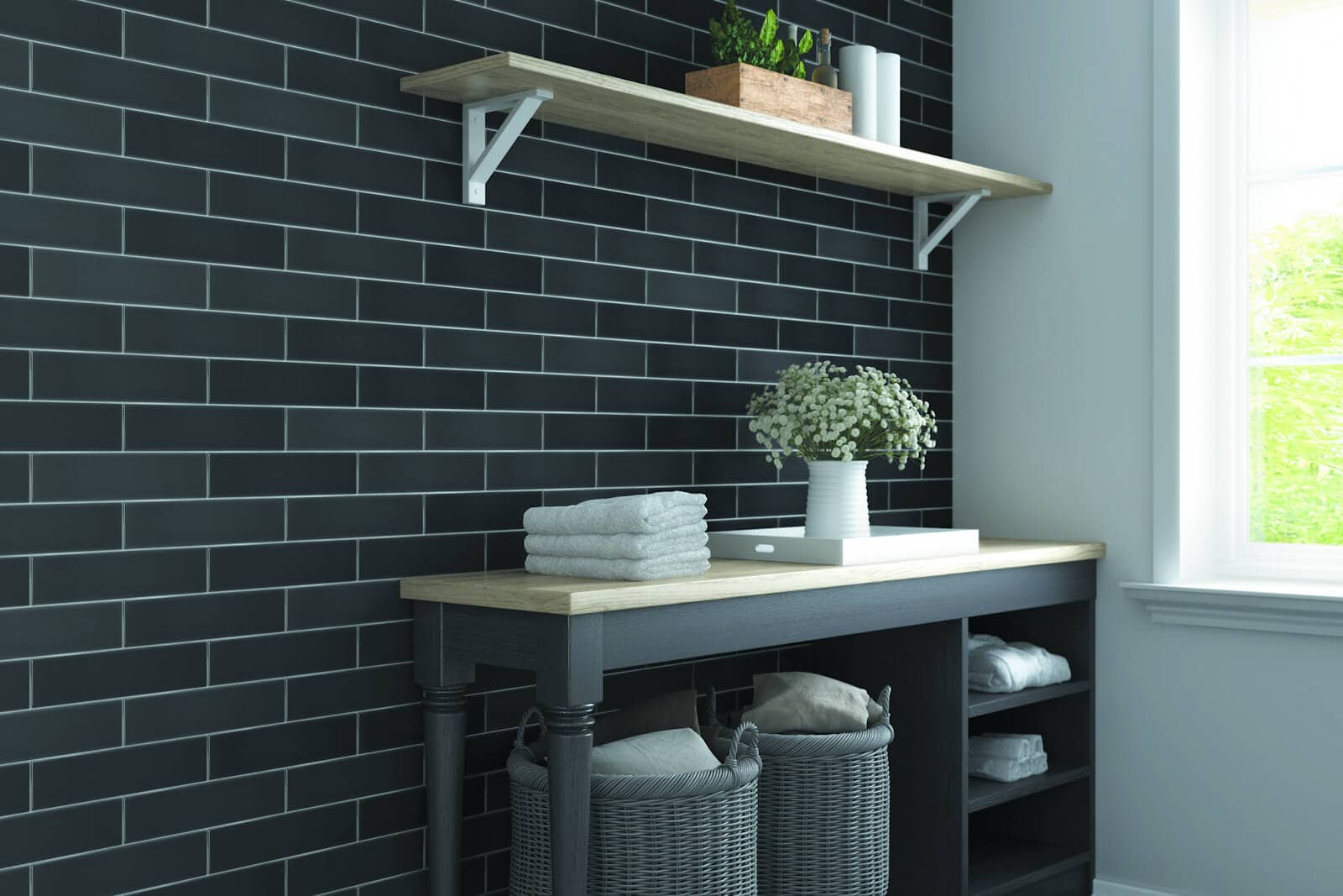 black wall laundry room tile design ideas