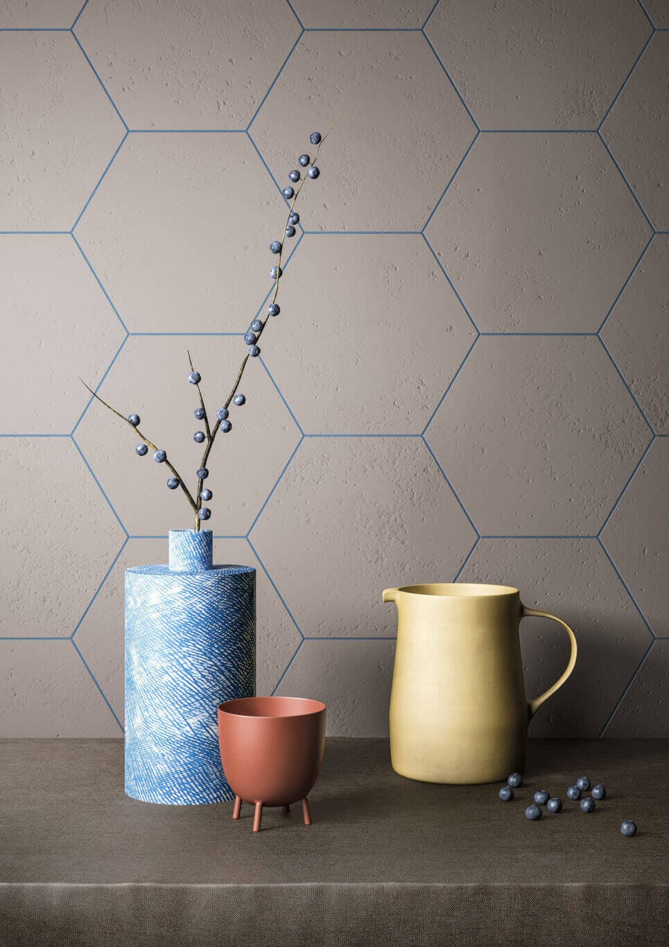 Hexagon tile wall with blue grout