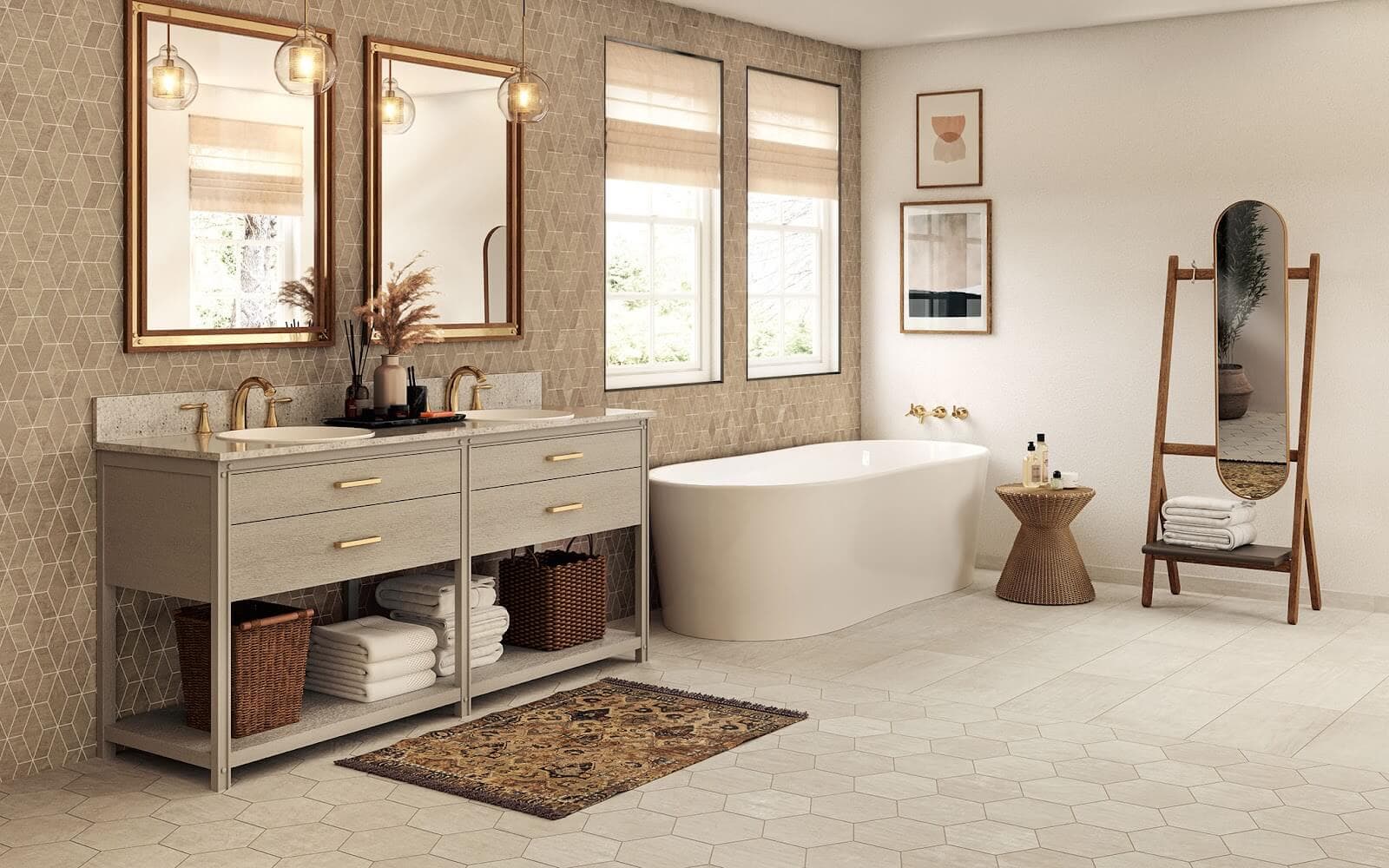 boho modern bathroom farmhouse design with wallpaper-look tile and a ceramic tile pattern