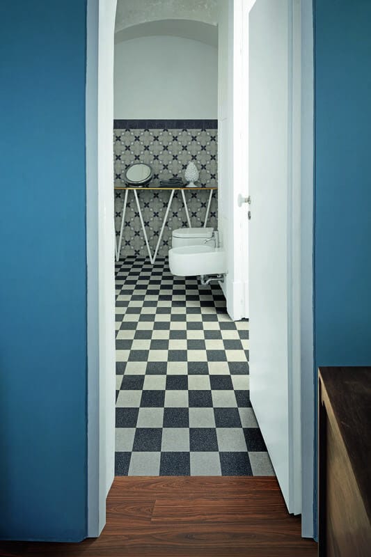 Bathroom with black and white checkerboard tile flooring