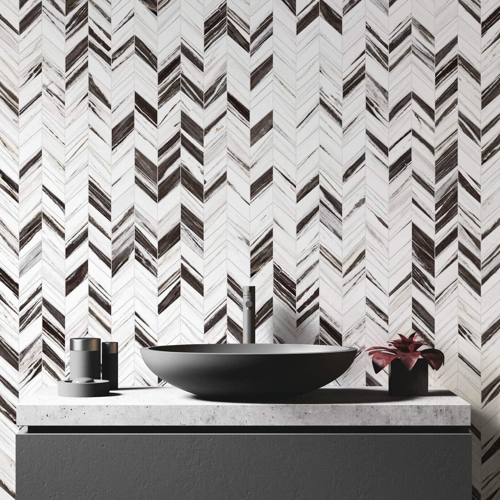 Mosaic chevron tile bathroom backsplash in a wood look