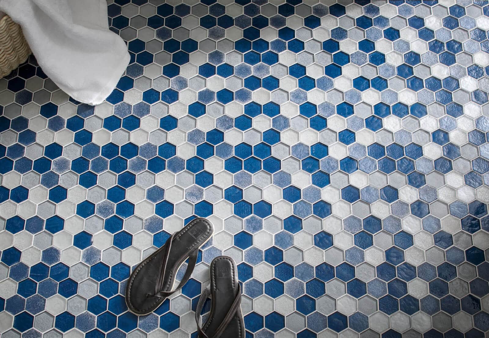 Blue and white hexagon tile mosaic floor