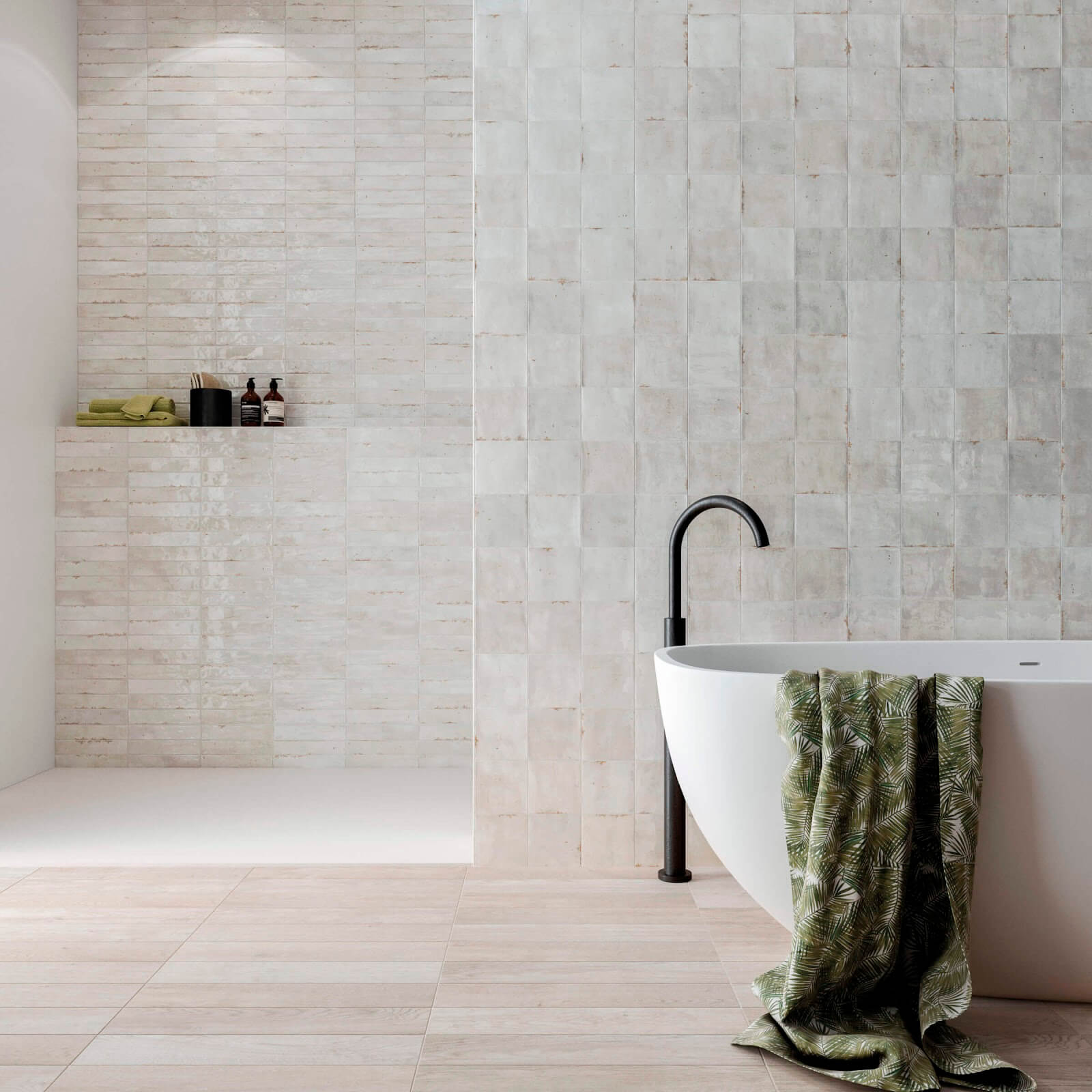 cream bath with organic texture and handmade tiles