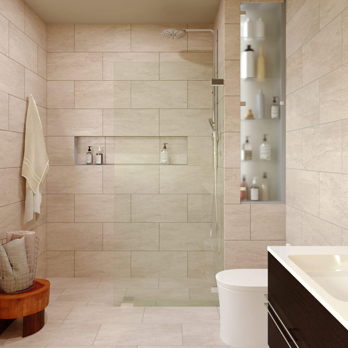 small bathroom with curbless shower for a wide-open space perspective