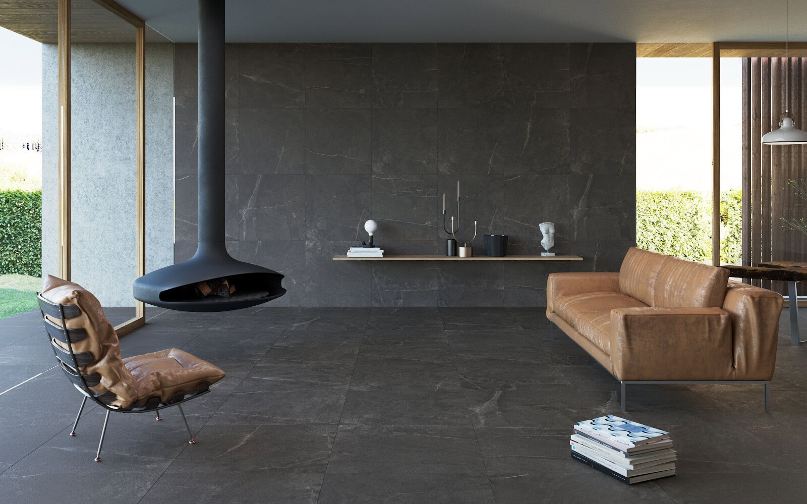 All-sides dark marble-look tile for living room and patio transition