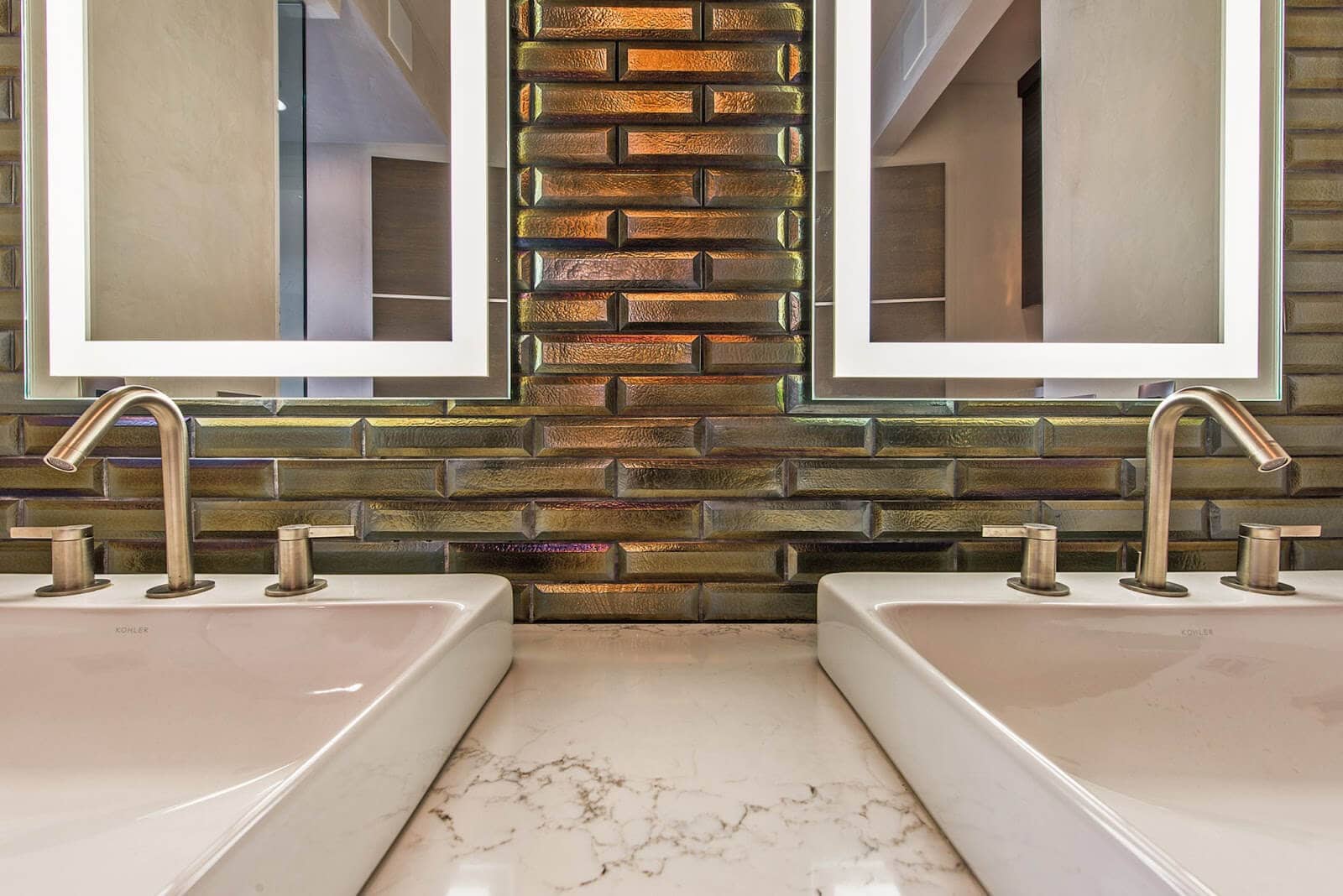 dimensional tile backsplash for bathroom sink