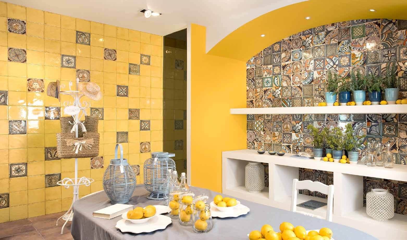 Lemon yellow wall tile for colorful, unique kitchen