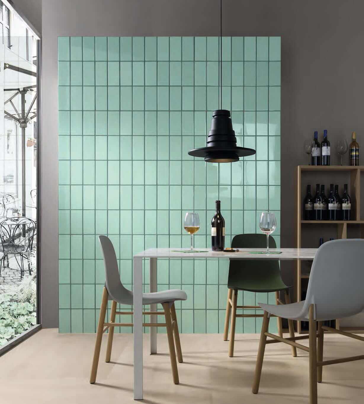 Pastel aqua tile wall in a vertical grid