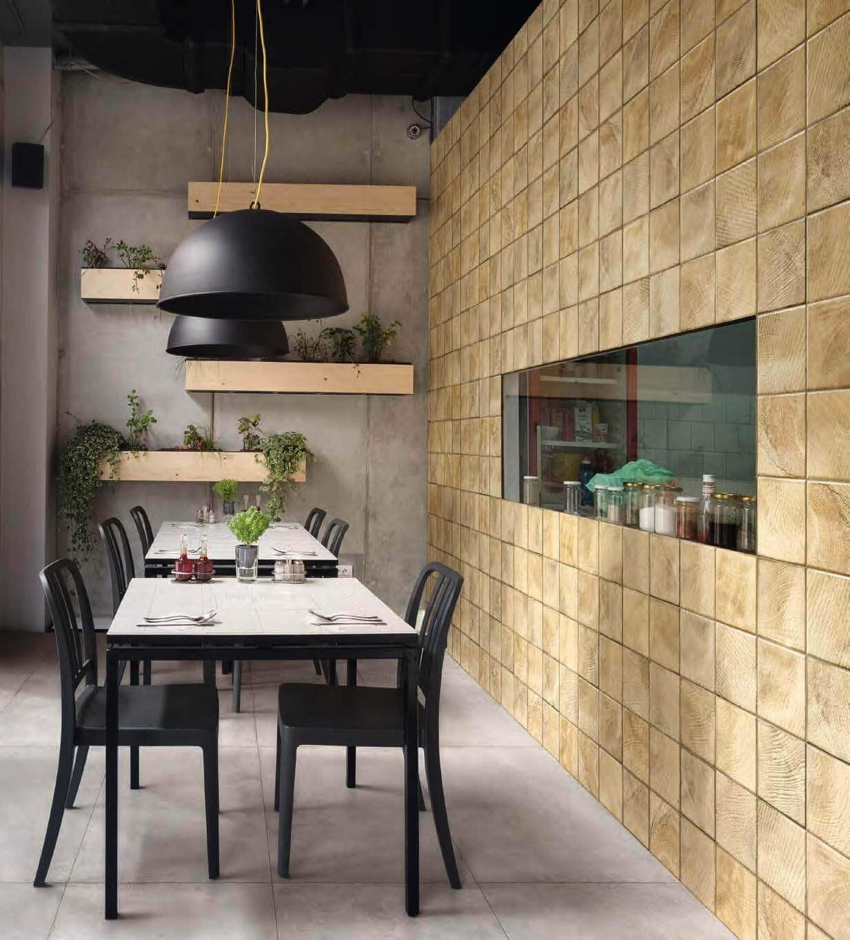 cream restaurant wall with Wood Grain Tile
