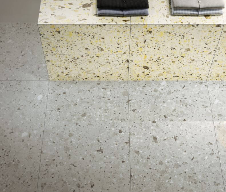Gray and Yellow Terrazzo-Look Tile flooring