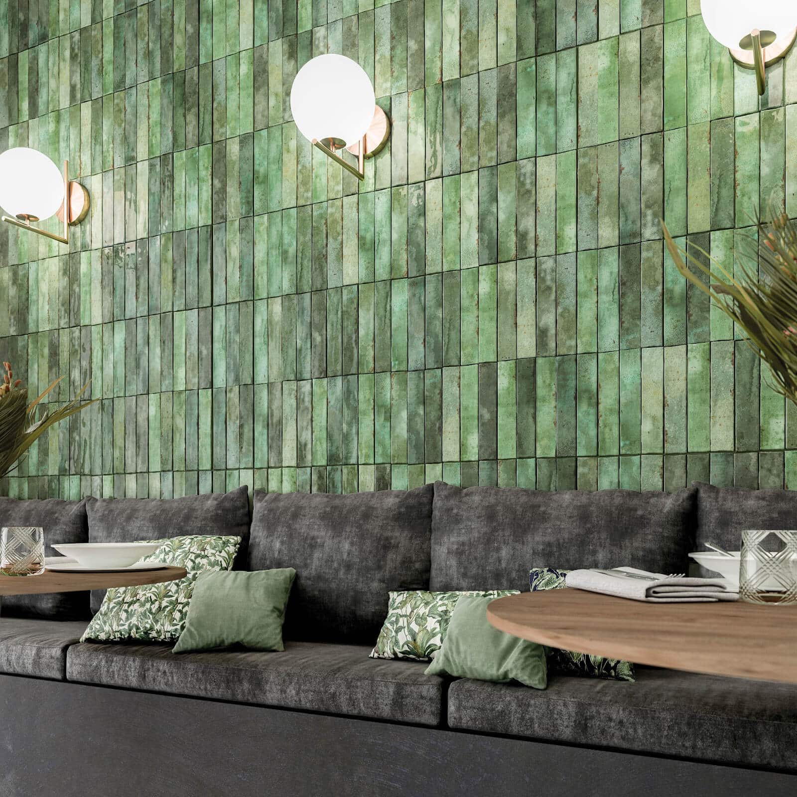 Variegated green wall tile in a vertical grid