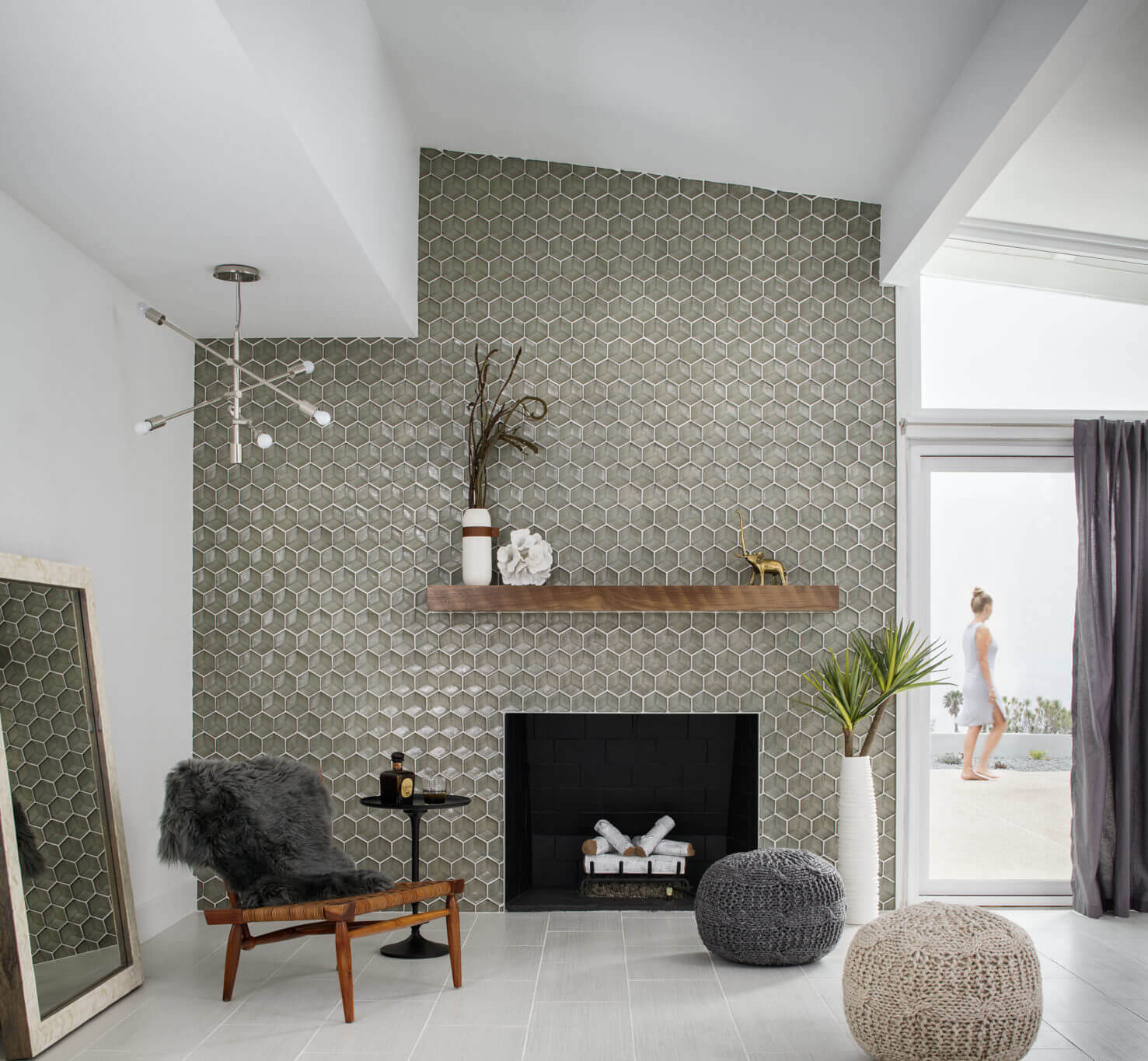 Greige hexagon tile fireplace surround