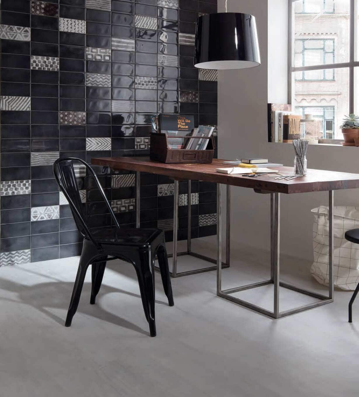 home office space with dar backsplash wall tile in unique design