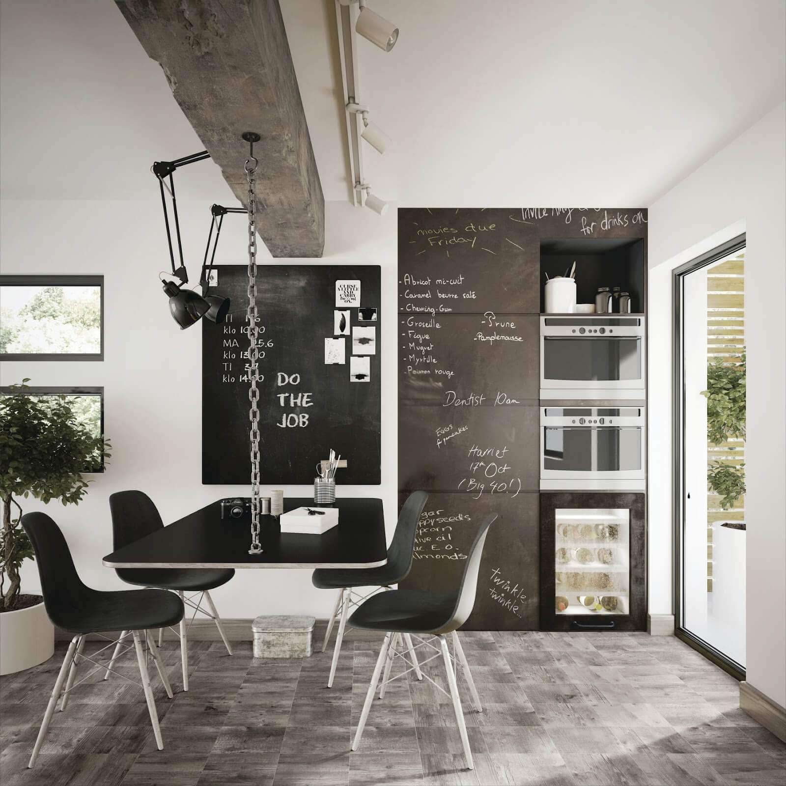 industrial-look home office space in the kitchen with gray ceramic tile flooring
