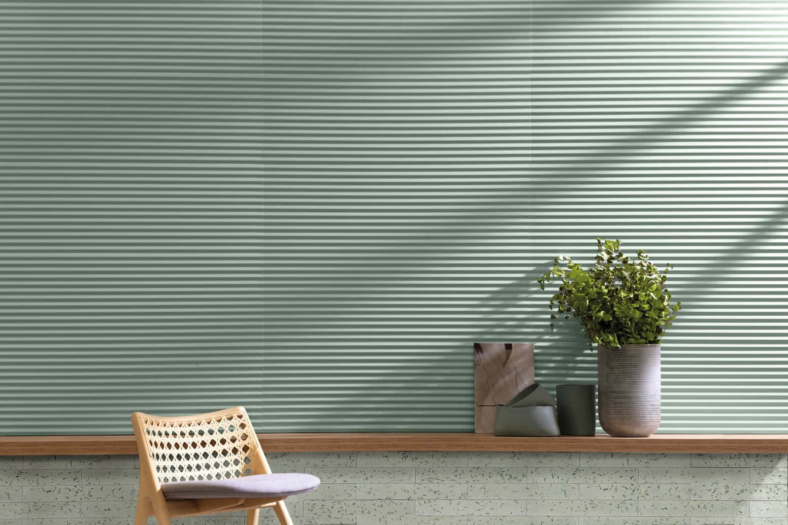 Wall with green ceramic tile, neutral nature look