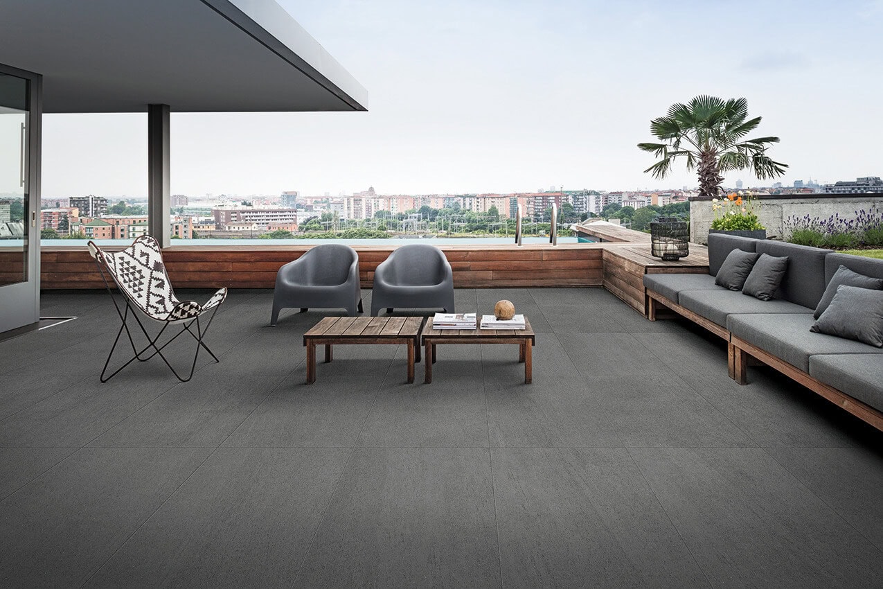 indoor-outdoor rooftop with transitional gray tile flooring