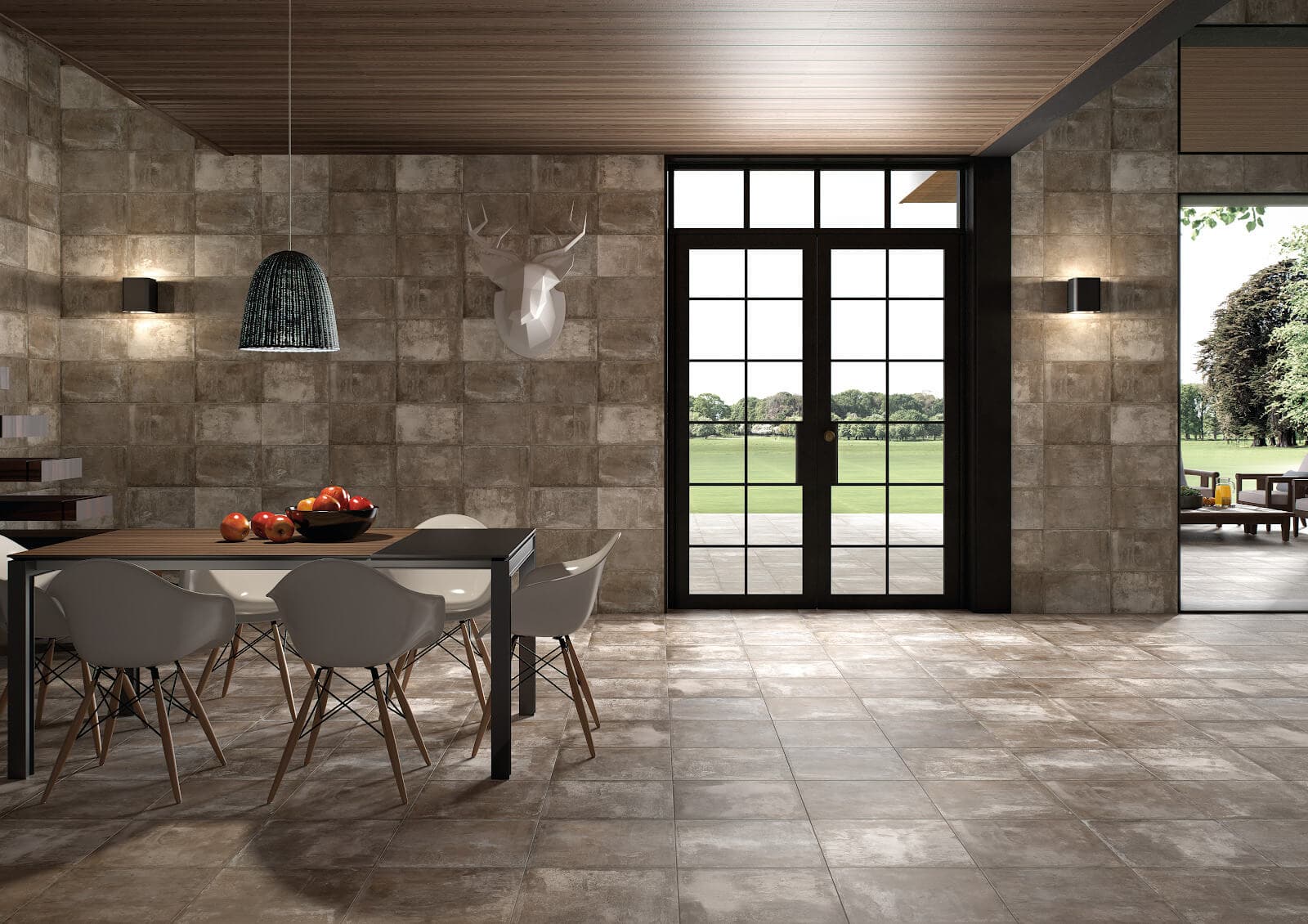 kitchen and outdoor space with transitional ceramic tile flooring
