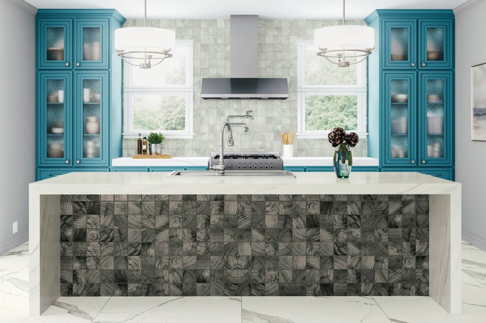  kitchen island or bar with dark backsplash tile