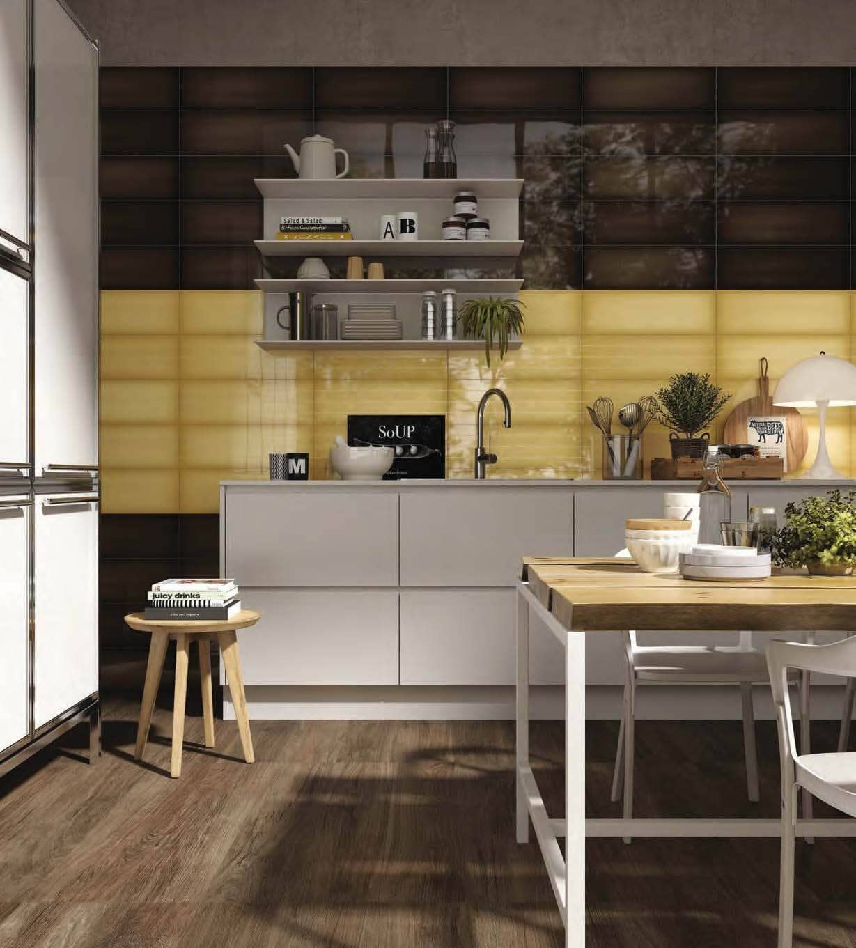 kitchen with Muted Yellow and Chocolate Tile Backsplash wall