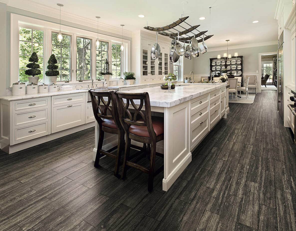traditional kitchen with different ceramic tile flooring textures
