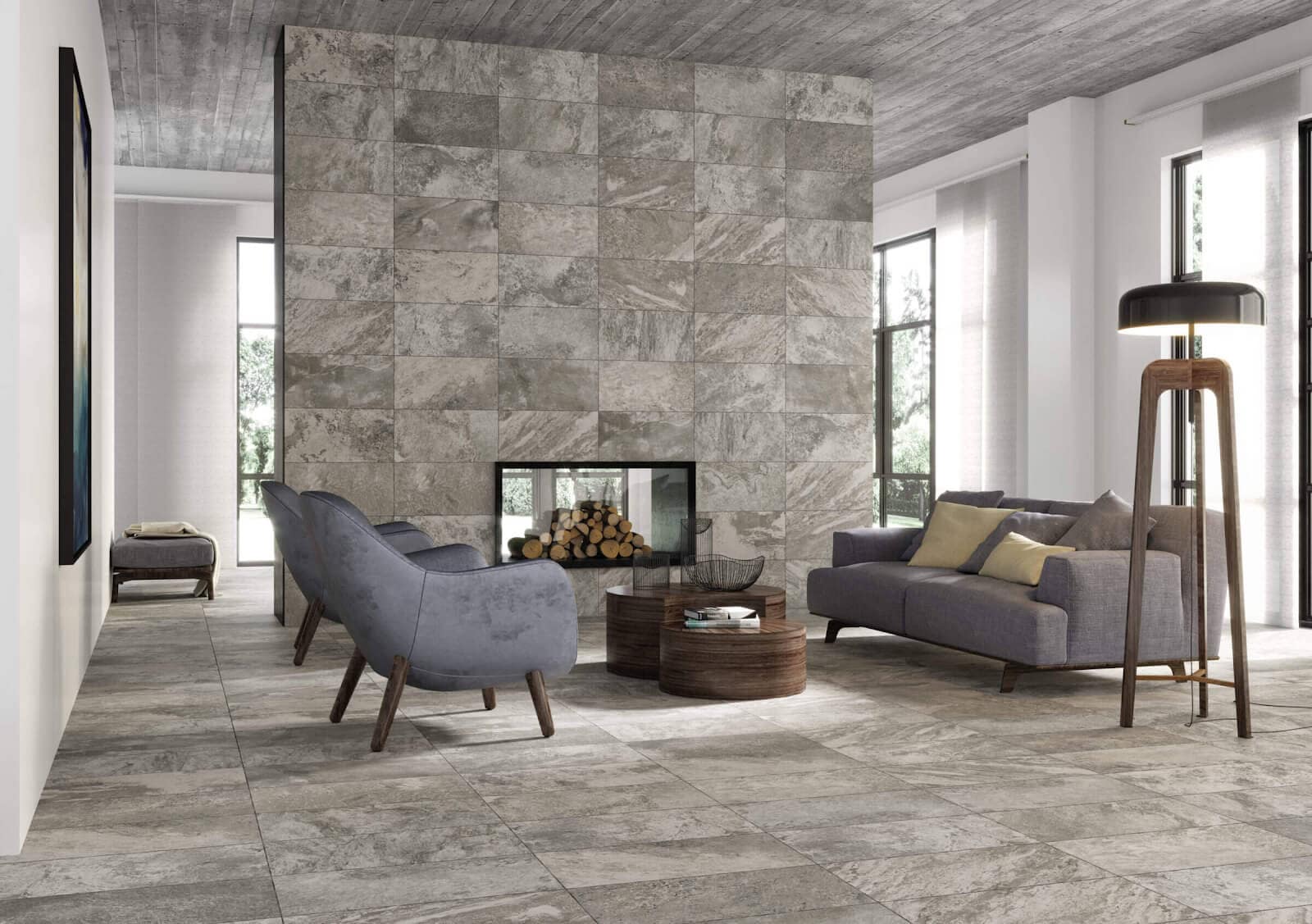 Gray stone-look tile flooring for living room