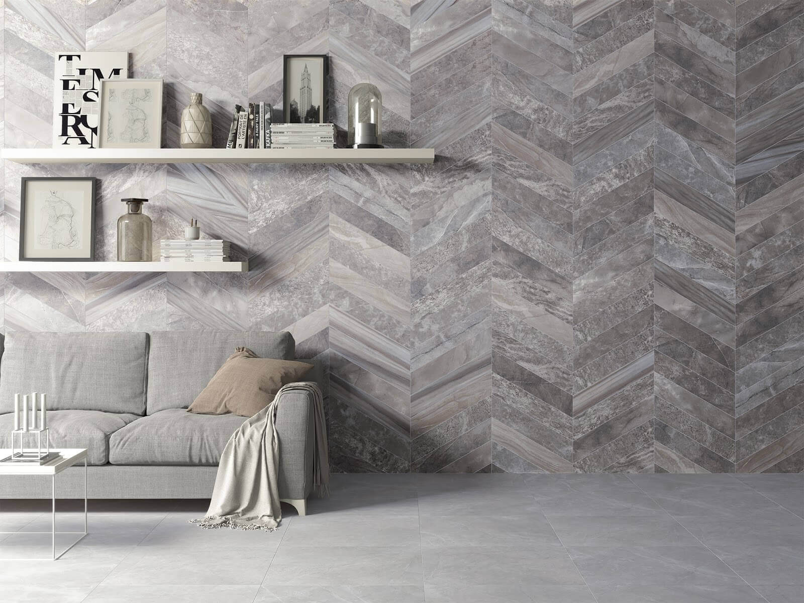 living room with gray wall tile
