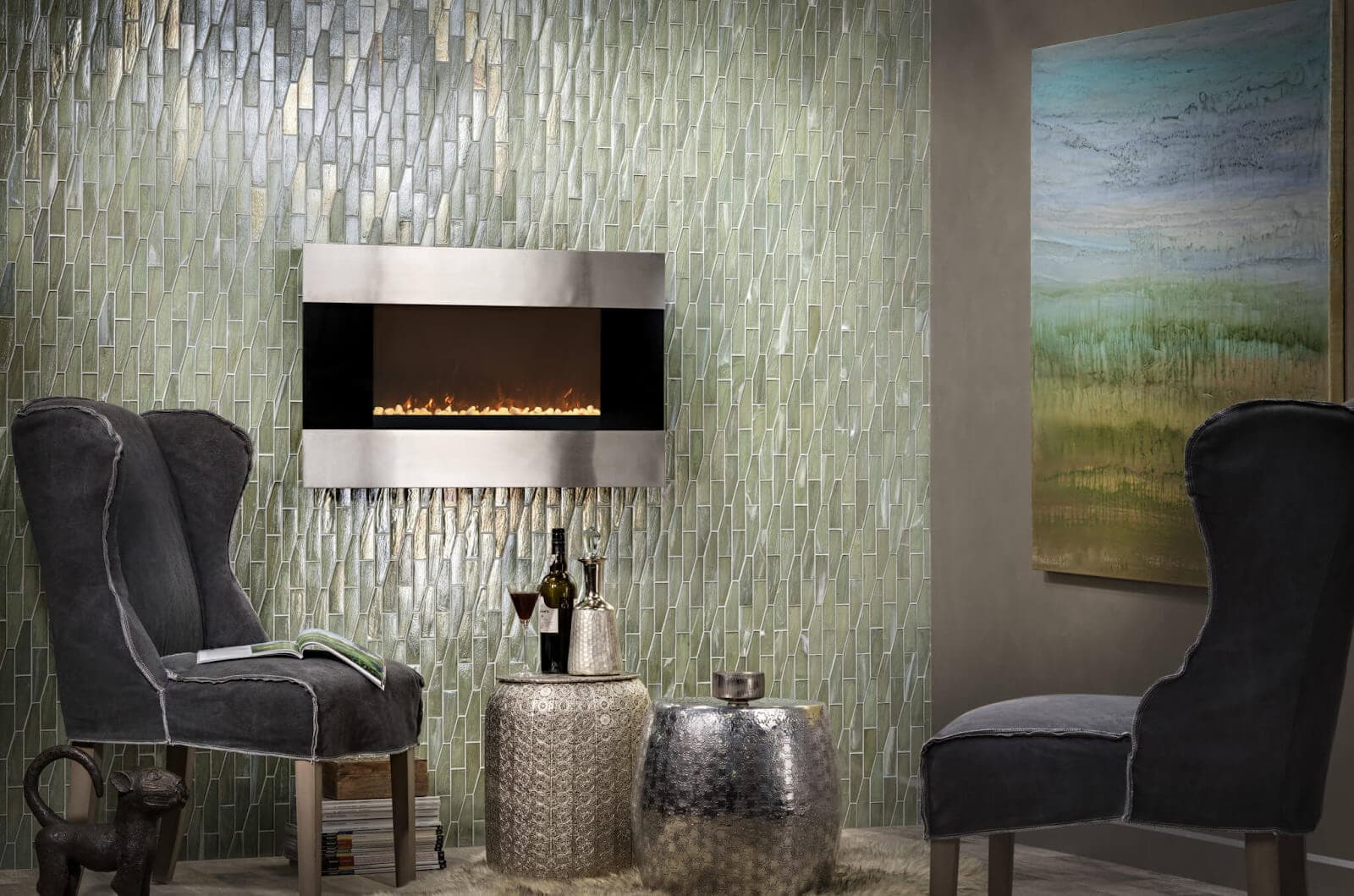 Iridescent mosaic tile feature wall in a light natural green color