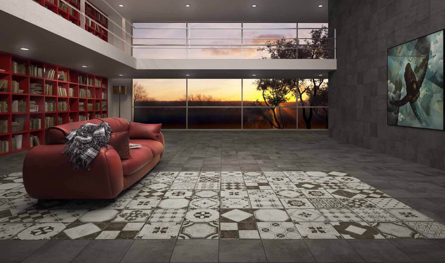 Patterned square tile rug in a living room