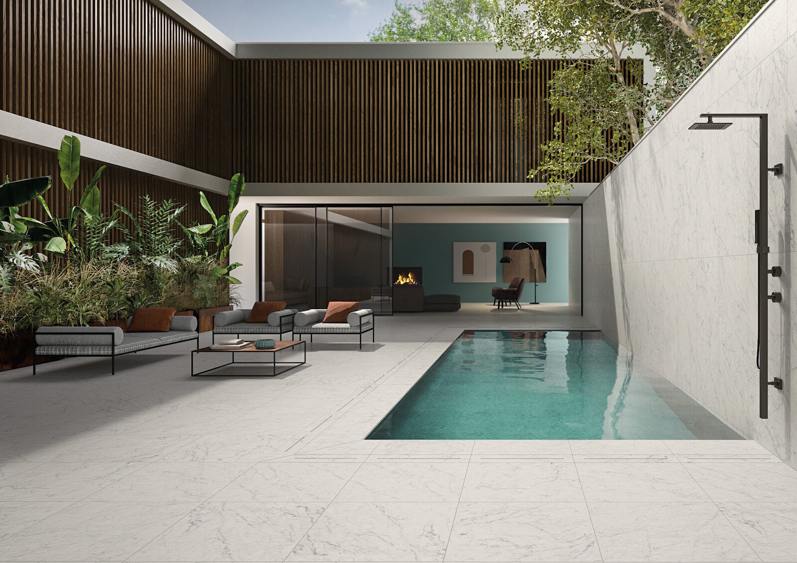 modern indoor-outdoor ceramic tile flooring for living room and pool space