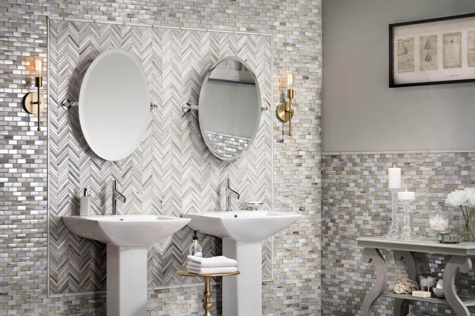 Bathroom with iridescent mosaic chevron tile and mosaic subway tile