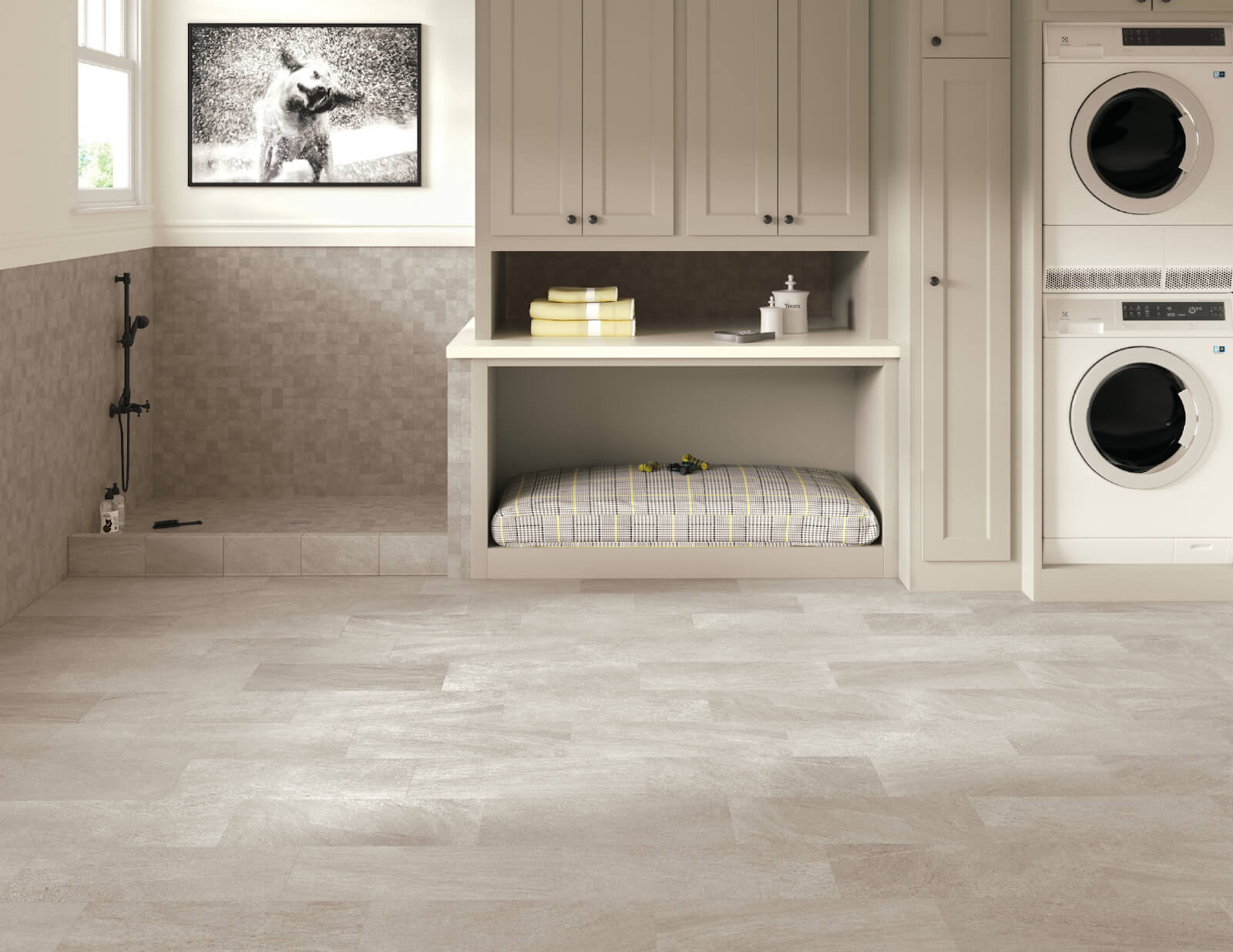 modern, cream tones laundry room tile design ideas