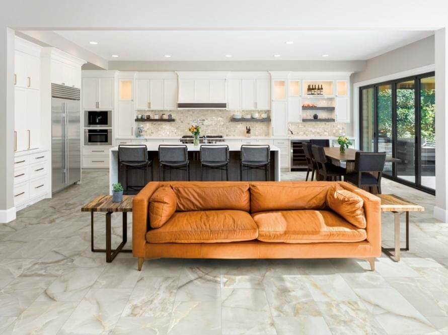 kitchen and seating space with modernized marble-look tile flooring