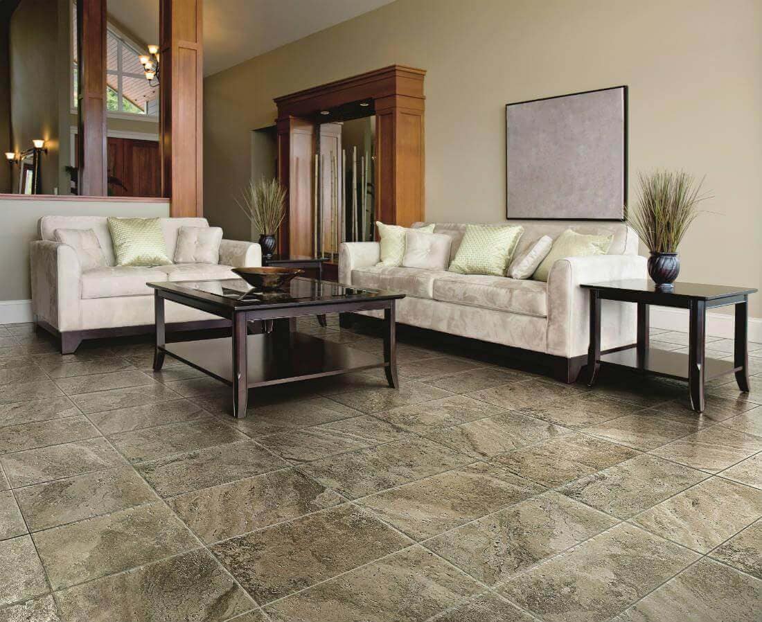 Living room space with nonrectified tile flooring with variable edges