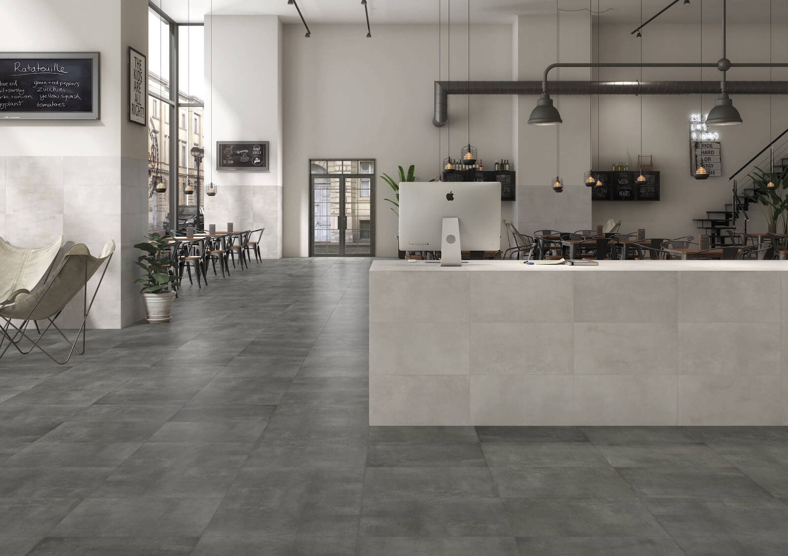 Concrete-look tile flooring for open office