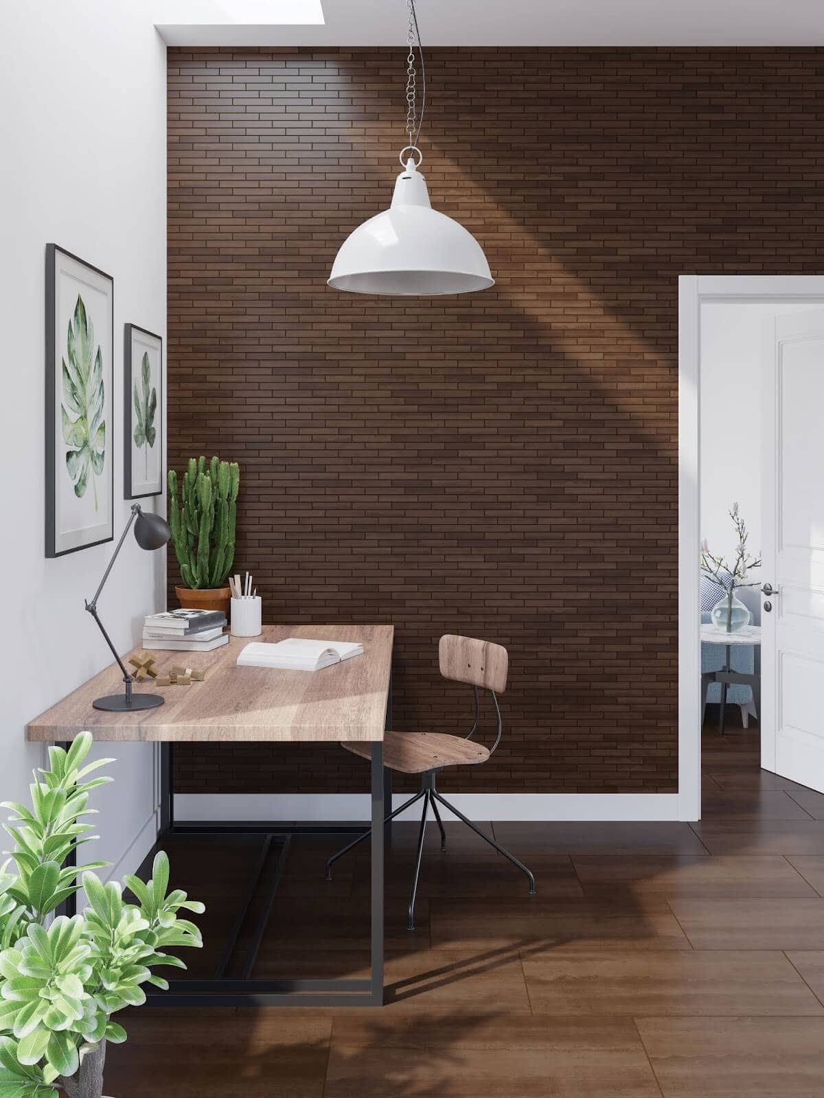 Wood-look tile flooring and wall tile in an office area