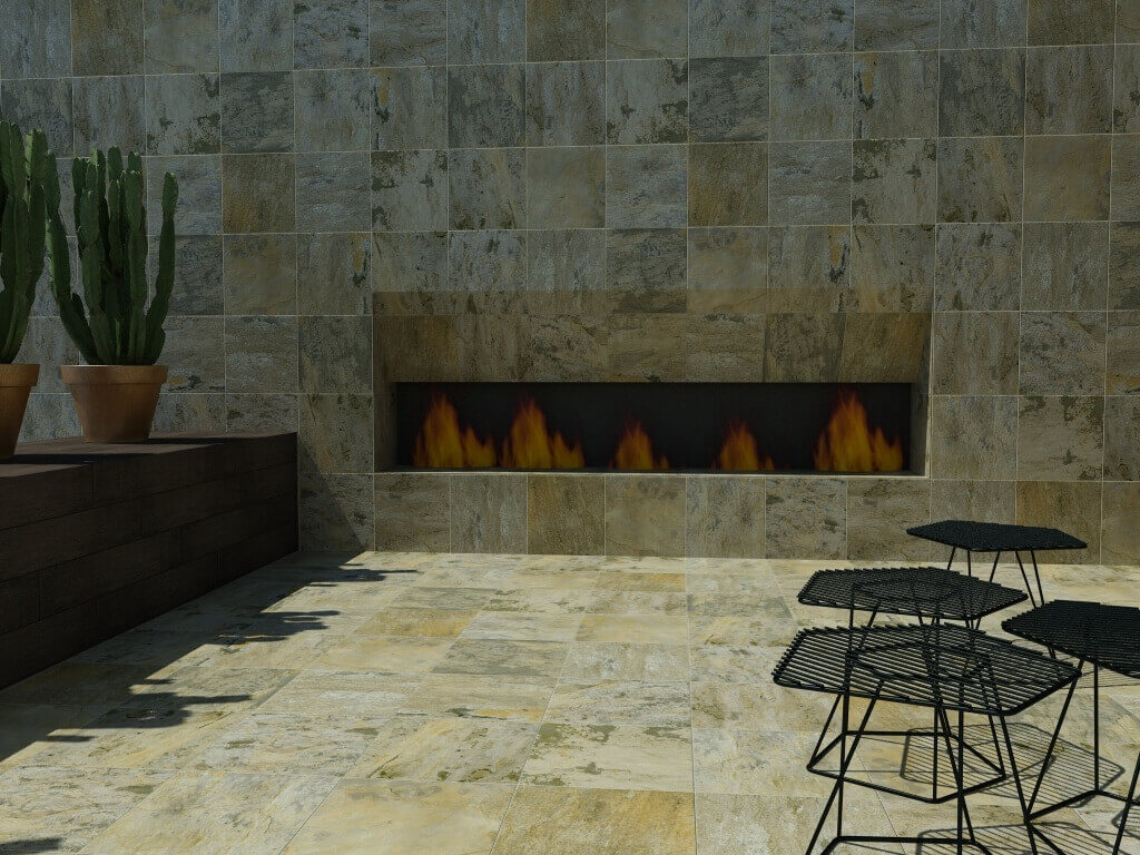 outdoor fireplace surrounded with ceramic tile